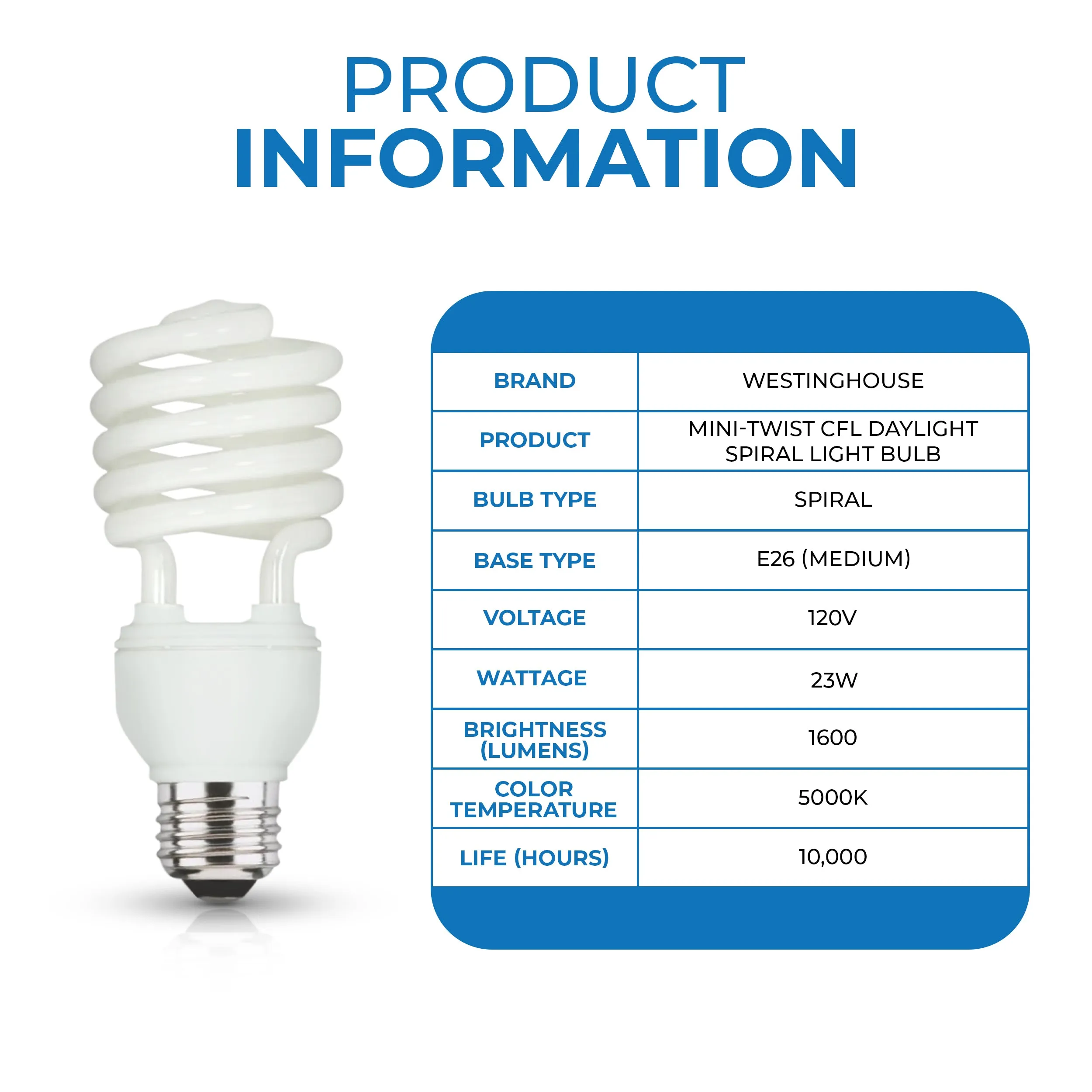 Westinghouse 3771600 23 Watt Compact Fluorescent Spiral Spiral, 5000 Kelvin, Daylight, 1600 Lumens, E26-Medium Base, 120 Volt, Hanging