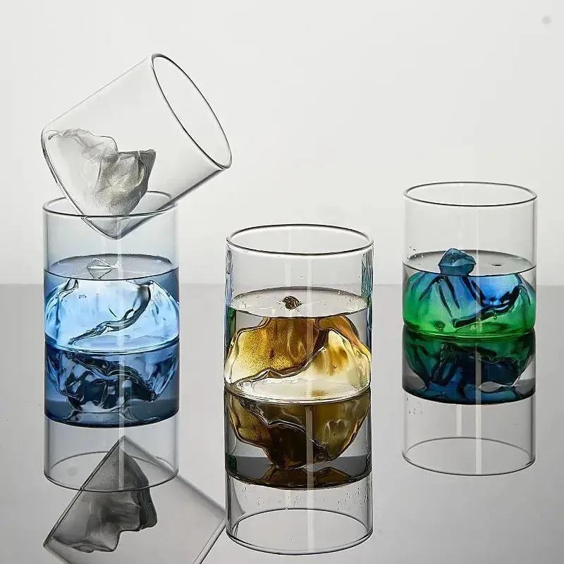 Whisky Glass Cup with 3D Mountain Water Artwork