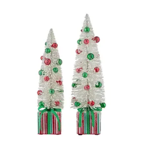 White Bottle Brush Tree with Ornaments on Present