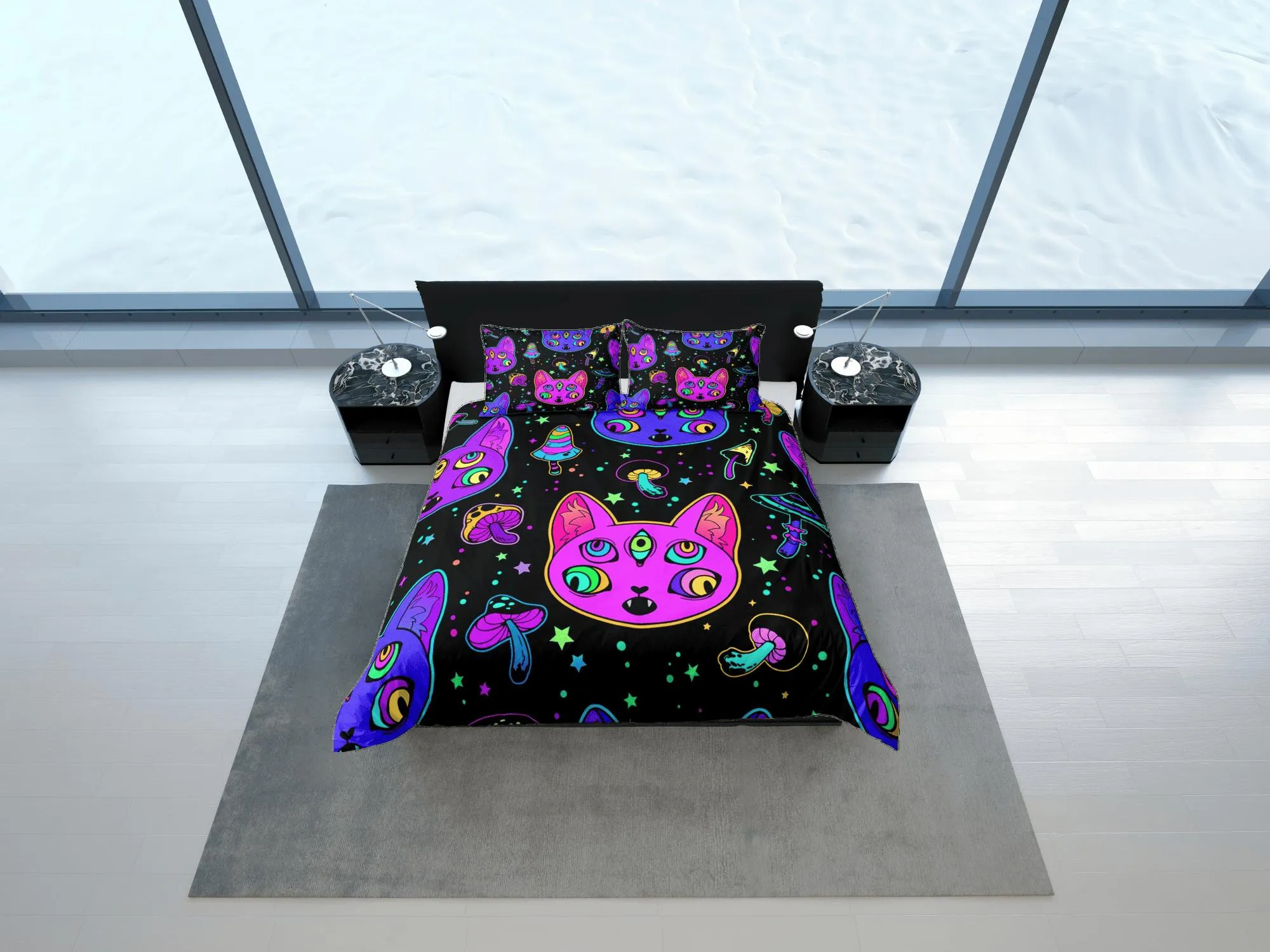 Witchy cat and mushroom 90s neon halloween bedding hippie duvet cover, colorful dorm bedding, teens bedroom, adult duvet, toddler bedding