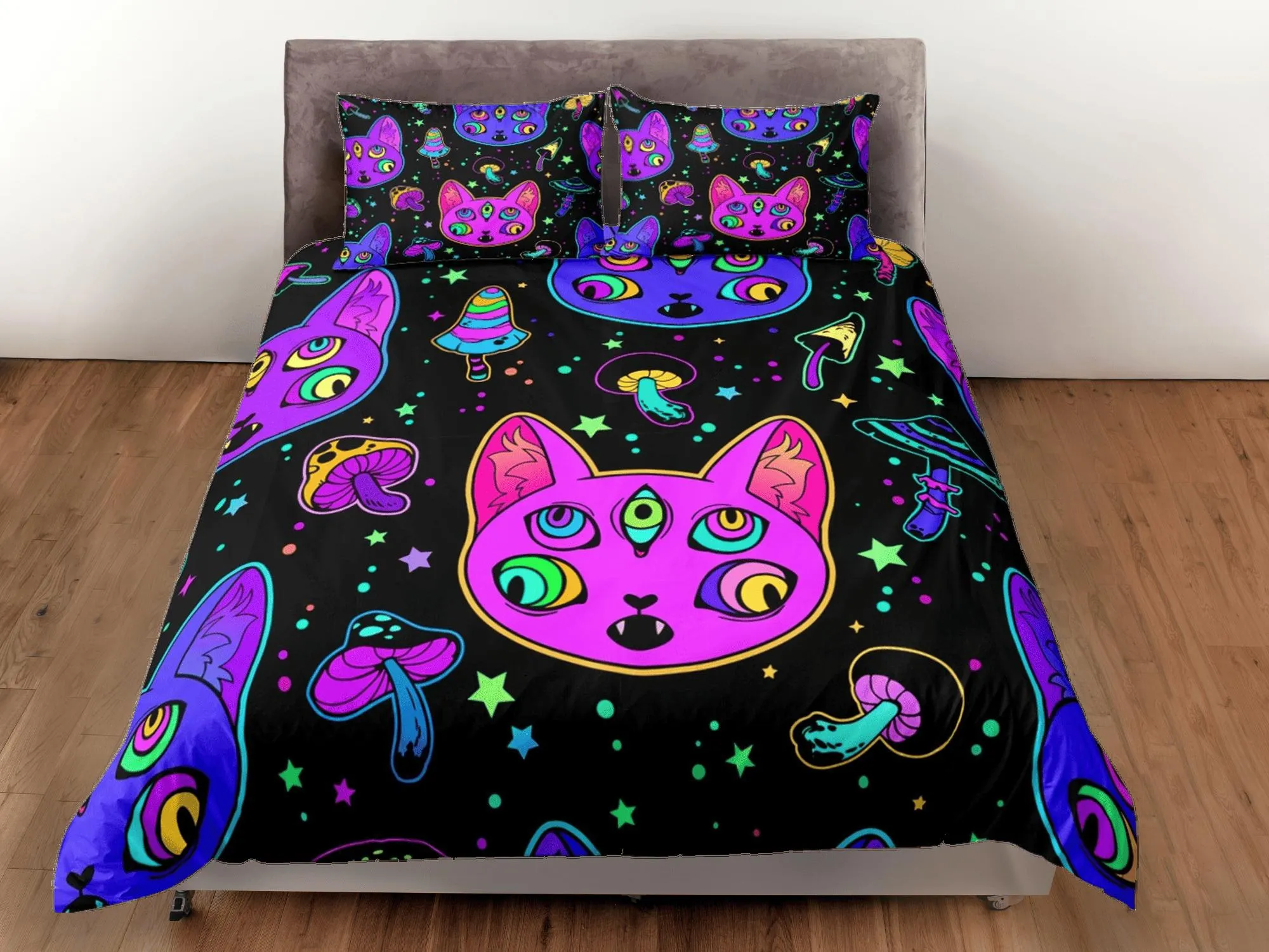 Witchy cat and mushroom 90s neon halloween bedding hippie duvet cover, colorful dorm bedding, teens bedroom, adult duvet, toddler bedding