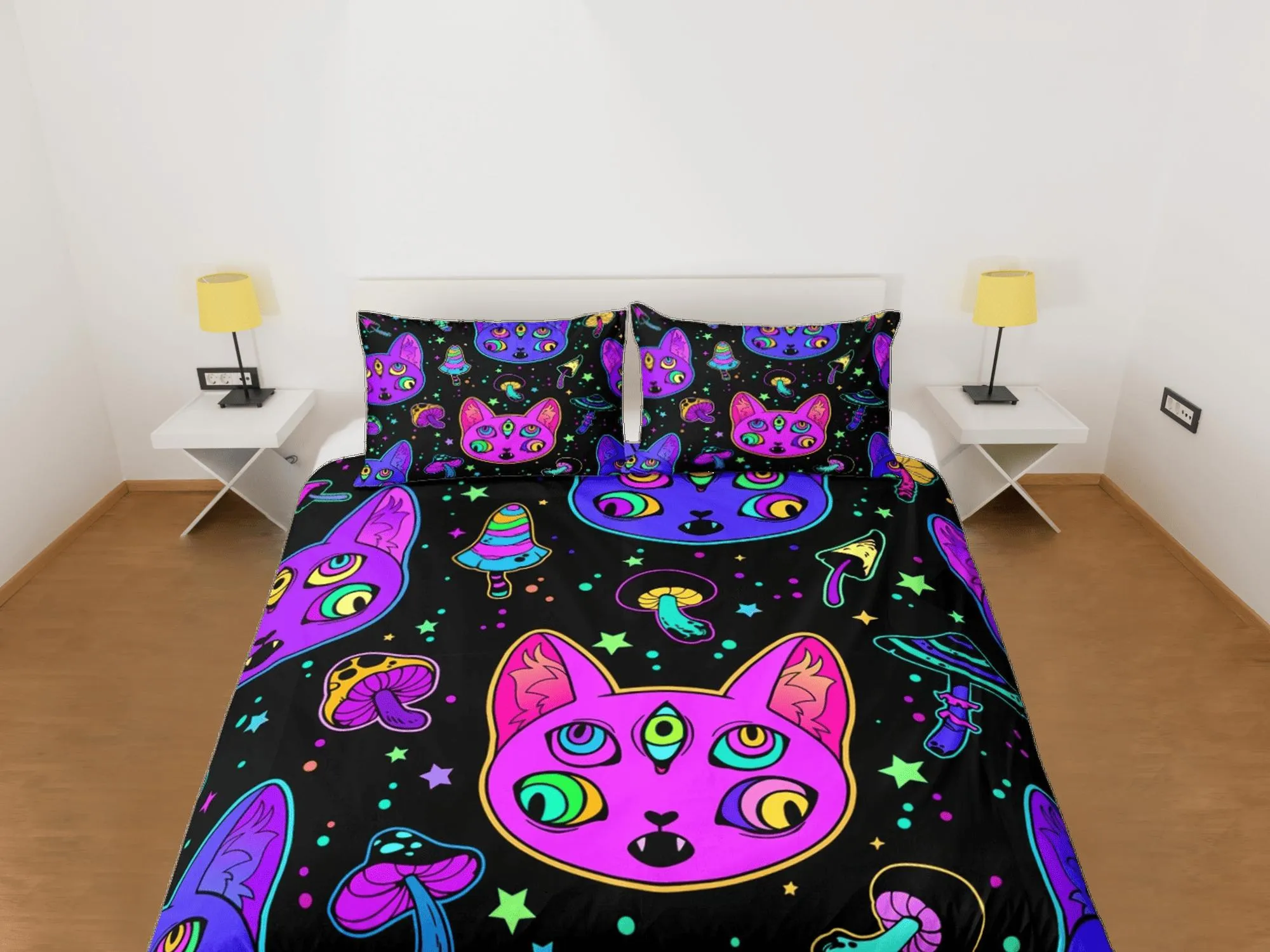 Witchy cat and mushroom 90s neon halloween bedding hippie duvet cover, colorful dorm bedding, teens bedroom, adult duvet, toddler bedding