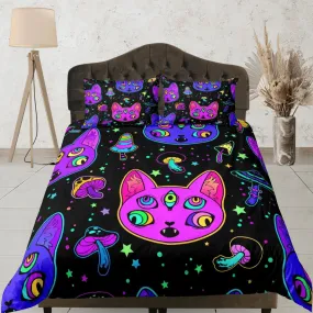 Witchy cat and mushroom 90s neon halloween bedding hippie duvet cover, colorful dorm bedding, teens bedroom, adult duvet, toddler bedding