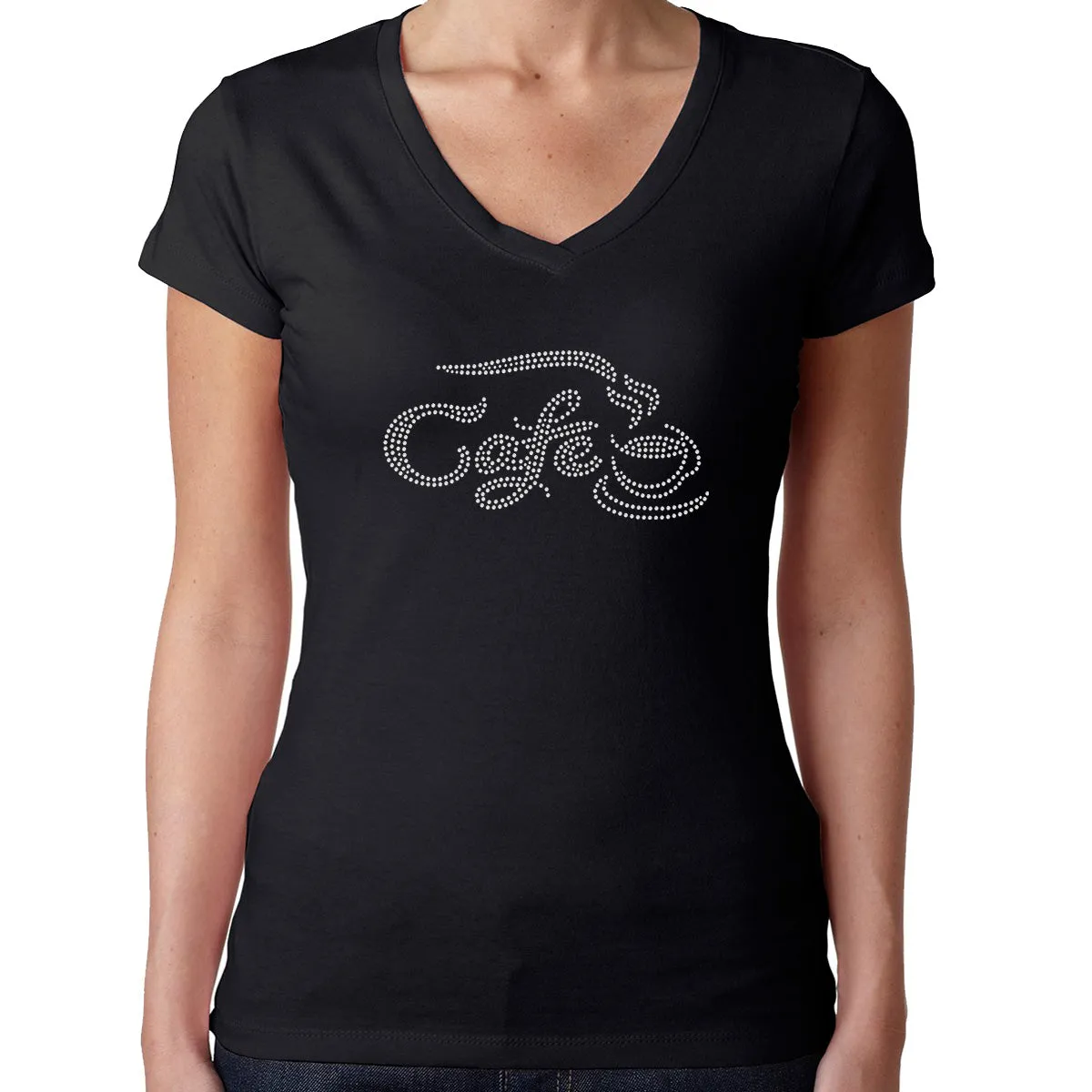 Womens T-Shirt Rhinestone Bling Black Fitted Tee Café Hot Coffee Cup Sparkle