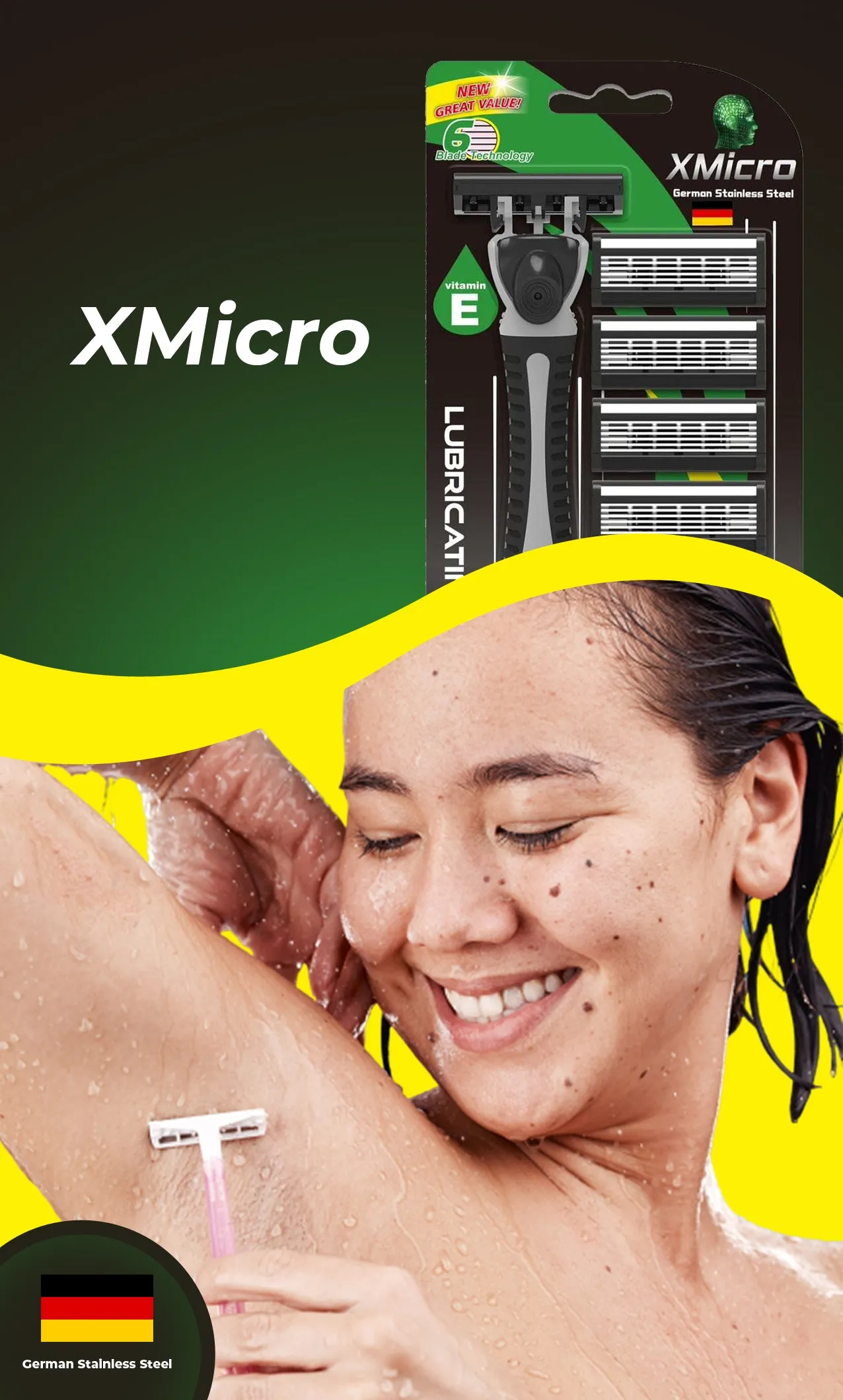 XMicro Razors For Men & Women, 1 Razor, 7 Blade Refills With German Stainless Steel, Lubricated With Vitamin E For Smooth Shave, Shields Against Irritation, Version X