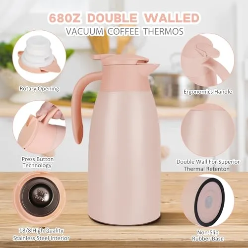 Yummy Sam 2L Thermal Coffee Carafe Insulated Stainless Steel Double Wall Vacuum Thermos Thermal Flask Coffee Dispenser Coffee Carafes Keeping Coffee Water and Tea Hot 12 Hours Cold 24 Hours (Pink)